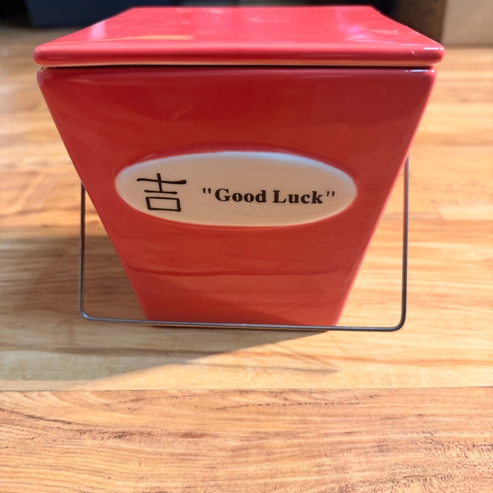 Nantucket Home Ceramic Coral Take Out Chinese Food Takeout Box Good Luck